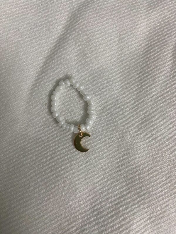 White beaded dangling moon ring