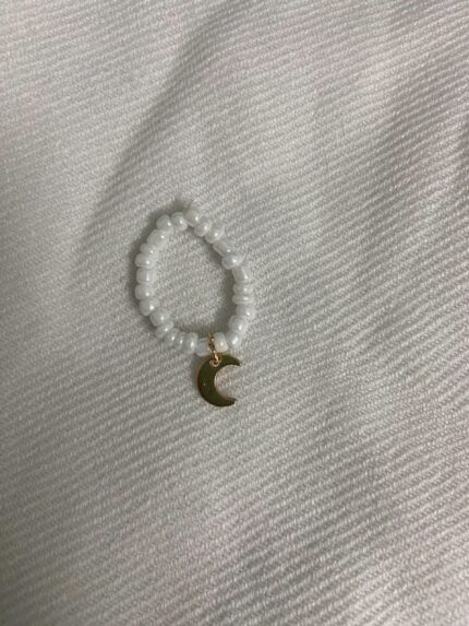 White beaded dangling moon ring