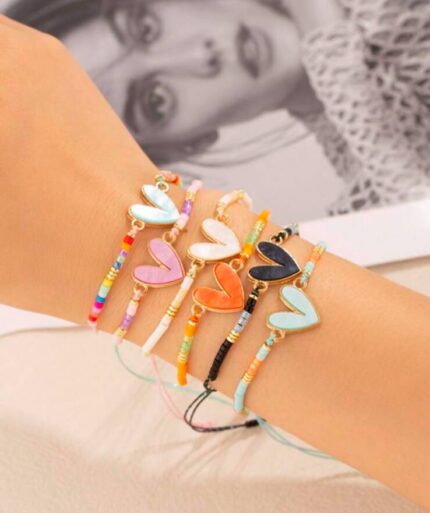 Glass rice beads and zinc alloy heart charm bracelet (purple)