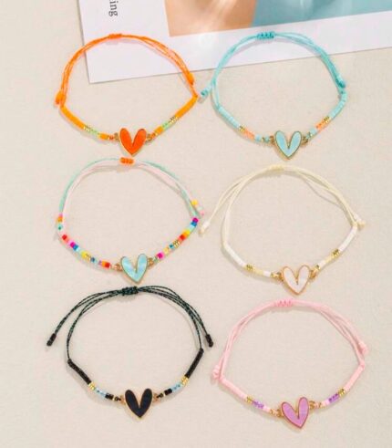 Glass rice beads and zinc alloy heart charm bracelet (sky blue)