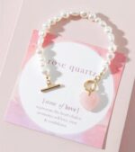 Heart shaped Rose quartz faux pearl bracelet