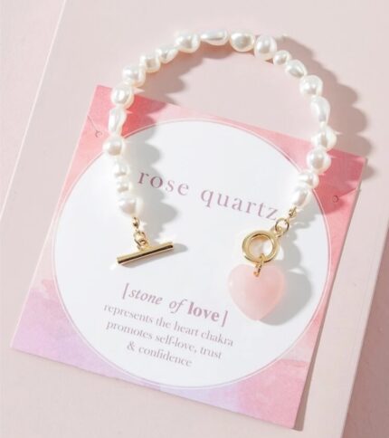 Heart shaped Rose quartz faux pearl bracelet