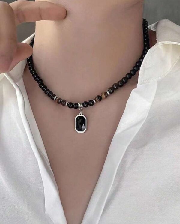 Tiger stone beaded necklace with black stone pendant - Image 2