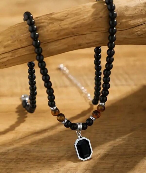 Tiger stone beaded necklace with black stone pendant