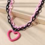 Resin color block chain heart necklace (black pink)
