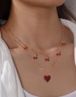 Cherry & heart charm layered golden necklace