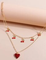 Cherry & heart charm layered golden necklace
