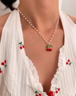 Faux pearl cherry fruity necklace