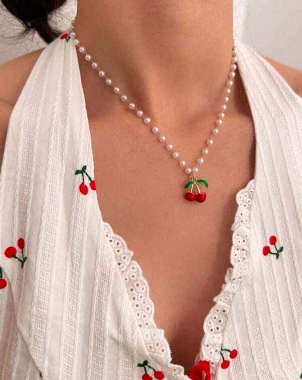 Faux pearl cherry fruity necklace