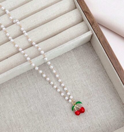 Faux pearl cherry fruity necklace