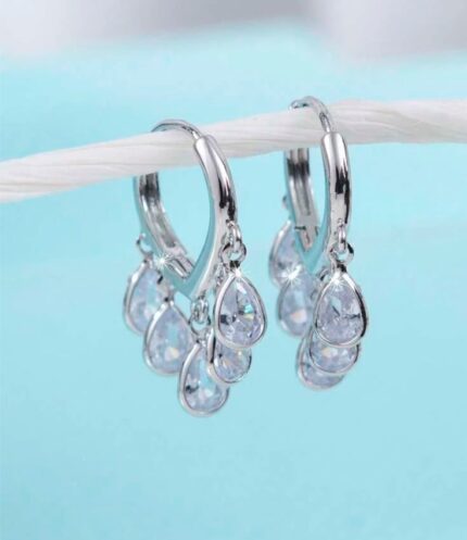 Zirconia stone water drop dangling hoops