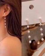 Faux pearl long chain earrings