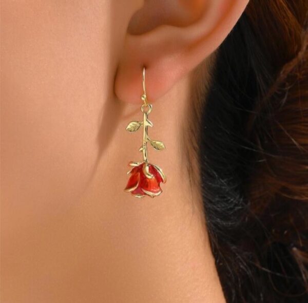 Red rose metallic forever love drop earrings