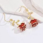 Red rose metallic forever love drop earrings