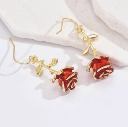 Red rose metallic forever love drop earrings