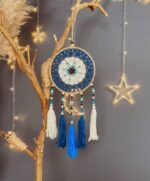 Hand Crocheted evil eye blue beaded tasseled dream catcher