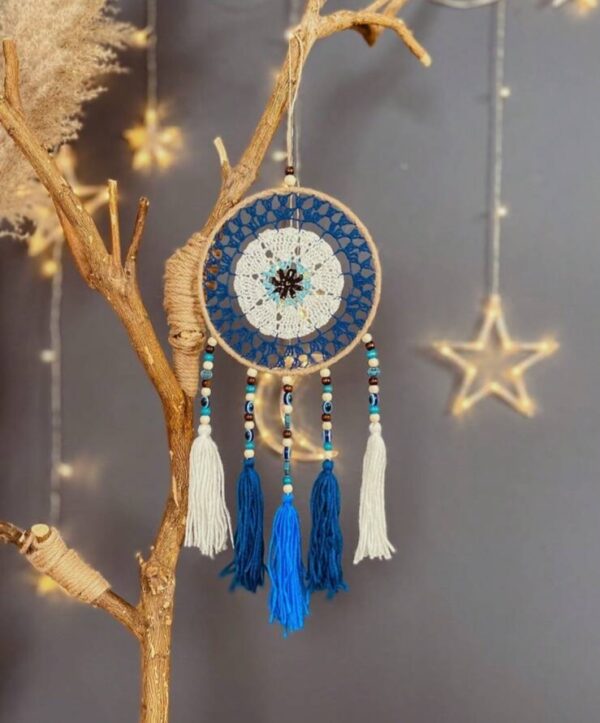 Hand Crocheted evil eye blue beaded tasseled dream catcher