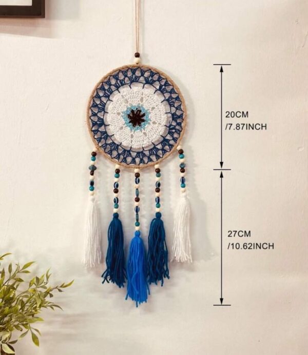 Hand Crocheted evil eye blue beaded tasseled dream catcher - Image 2