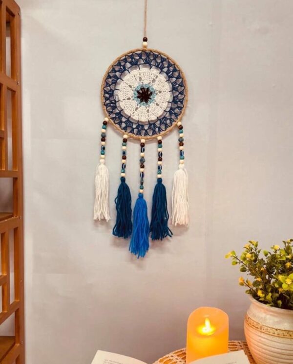 Hand Crocheted evil eye blue beaded tasseled dream catcher