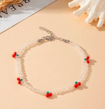 Transparent crystal beaded cherry anklet
