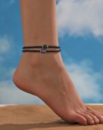 Nazar black glass beaded anklet with blue evil eye charm