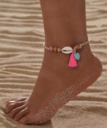 Multicolor threaded cowrie shell & tassel beach anklet