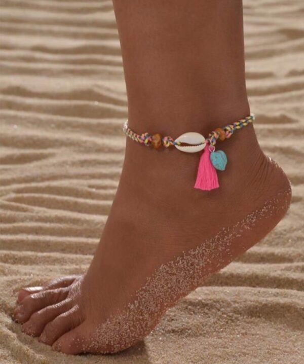 Multicolor threaded cowrie shell & tassel beach anklet