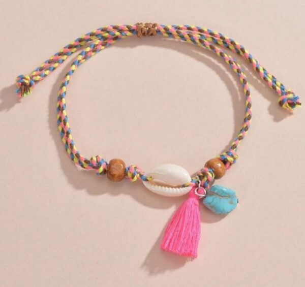 Multicolor threaded cowrie shell & tassel beach anklet