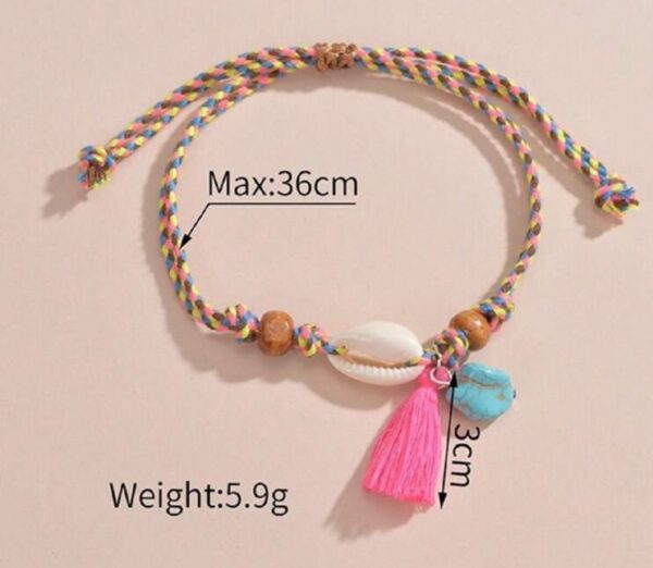 Multicolor threaded cowrie shell & tassel beach anklet - Image 2