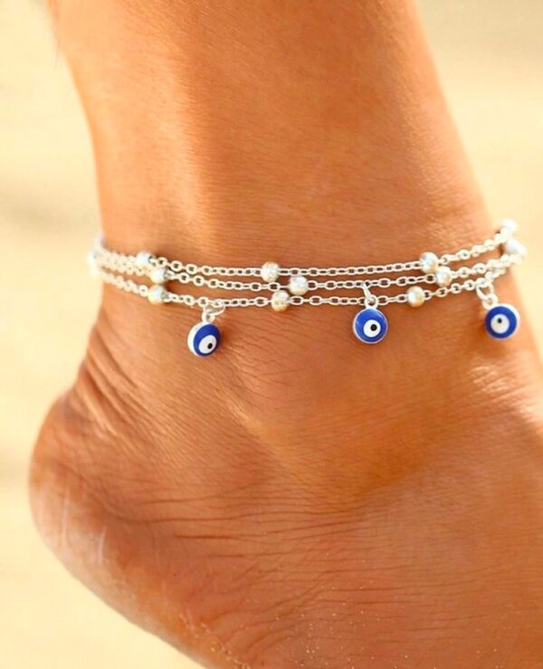 Bohemian evil eye silver multilayer chain anklet